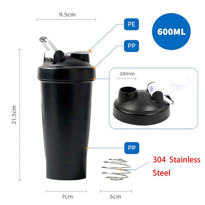 1pc Portable Protein Shaker 600ml Fitness Bottle with Wire Whisk Ball